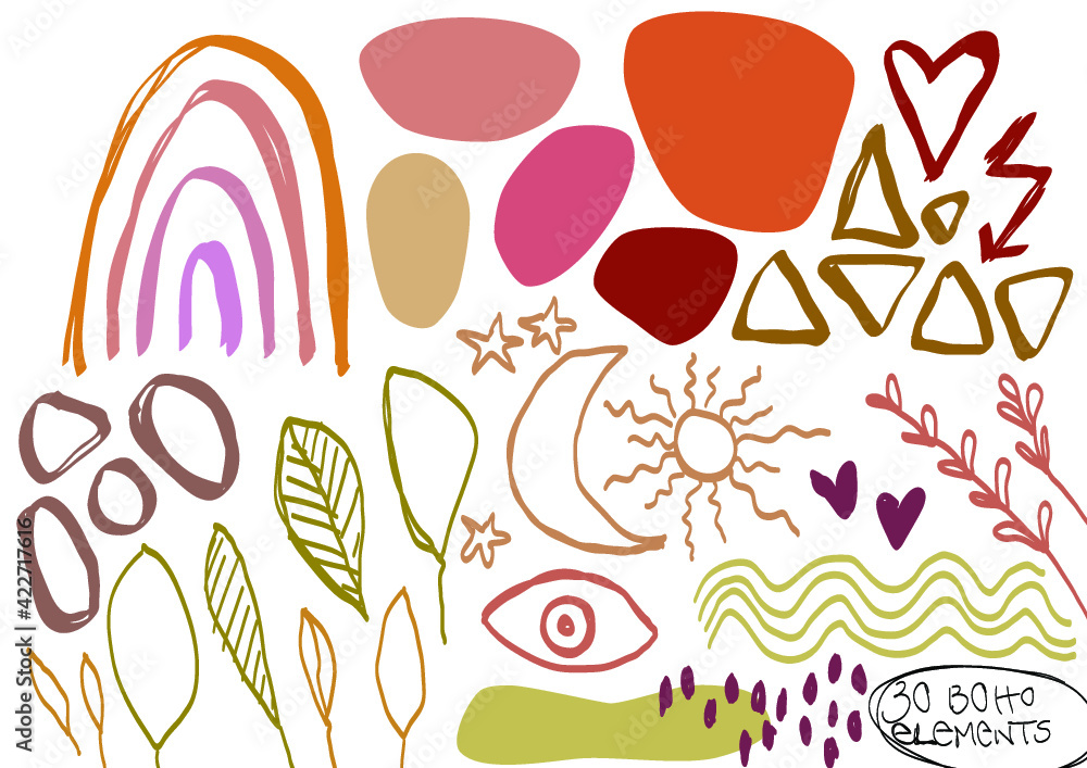 Boho illustration of a set of hand drawn abstract shapes Boho illustration of a set of hand drawn abstract shapes