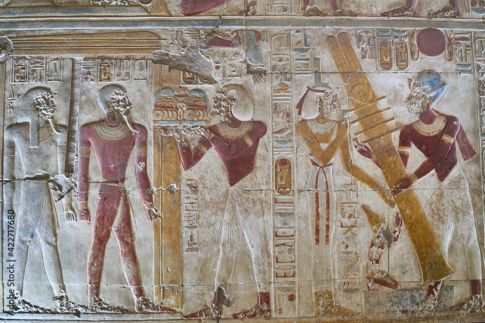 Mural depiciting the Egyptian King Seti I performing ritual activities,  Abydos, Egypt, Temple of Seti I Photos | Adobe Stock