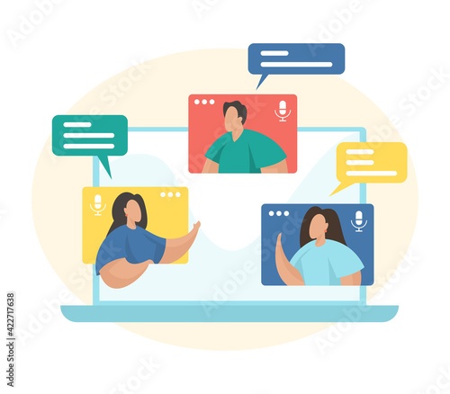 Video conferencing concept flat vector illustration. Team working by group video call. Remote working. Online meetup. Social networking