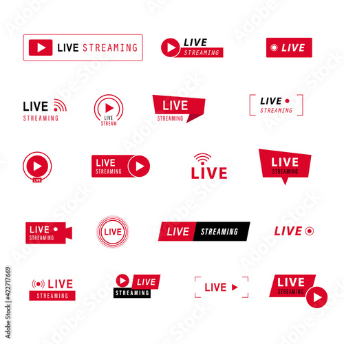 Live streaming icons set. Red symbols and buttons of live streaming, broadcasting, online stream. third template for tv, shows, movies and live performances. Vector illustration.