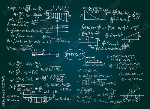 Vintage physical notation with the equations, figures, schemes, plots and other calculations on chalkboard. Retro handwritten vector illustration. Scientific and educational background.