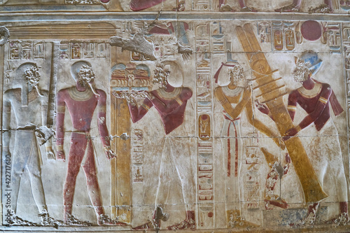 Mural depiciting the Egyptian King Seti I performing ritual activities, Abydos, Egypt, Temple of Seti I photo