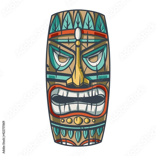 Trendy hawaii wooden tiki mask for surfing bar. Traditional ethnic idol of hawaiian, maori or polynesian. Old tribal totem