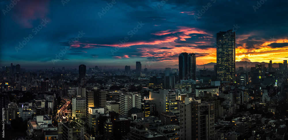 Fototapeta premium Tokyo skyline during sunset as seen from the Tokyo Tower, Japan