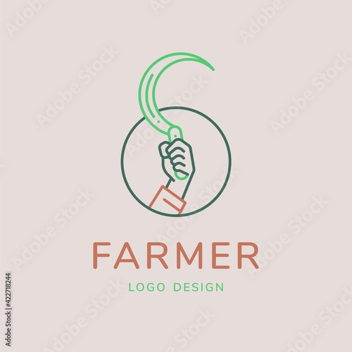 Farmer logo, hand sickle vector illustration for agricultural concept. Minimal thin line style.