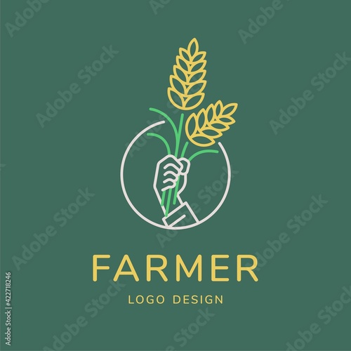 Farmer logo, hand with rice vector illustration for agricultural concept. Minimal thin line style.