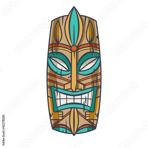 Trendy hawaii wooden tiki mask for surfing bar. Traditional ethnic idol of hawaiian, maori or polynesian. Old tribal totem