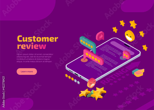 Customer review, evaluation and feedback isometric landing page