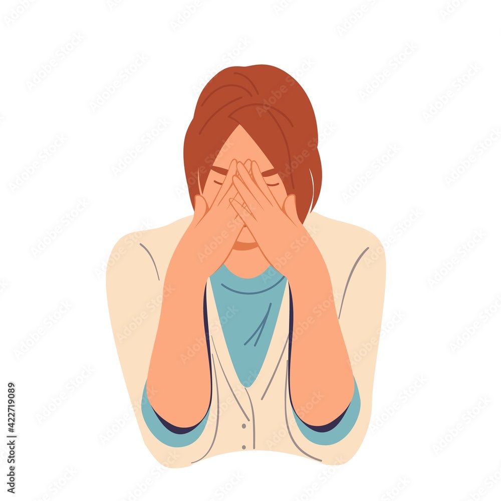 Anxiety woman. Depression, sad, stress and emotional problem. Unhappy female or girl. Vector