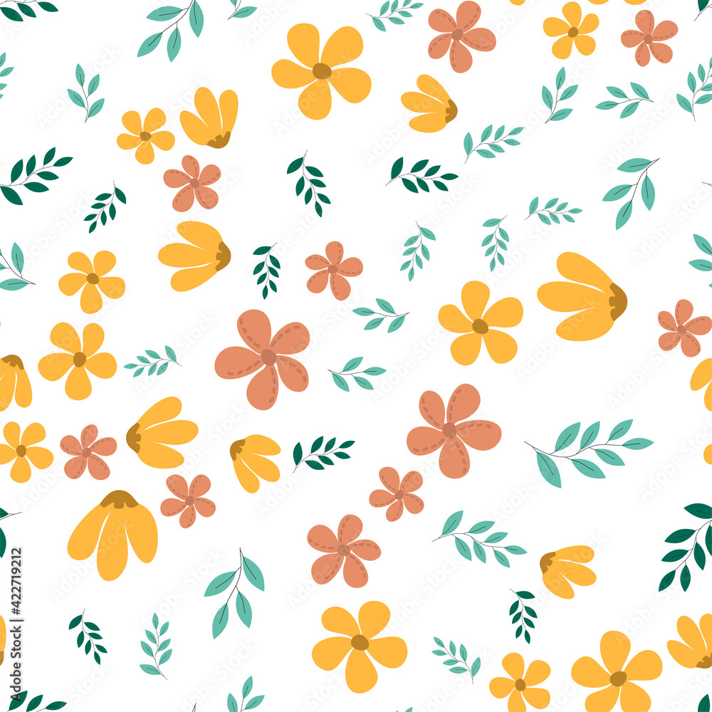 Simple abstract seamless pattern with flowers and leaves