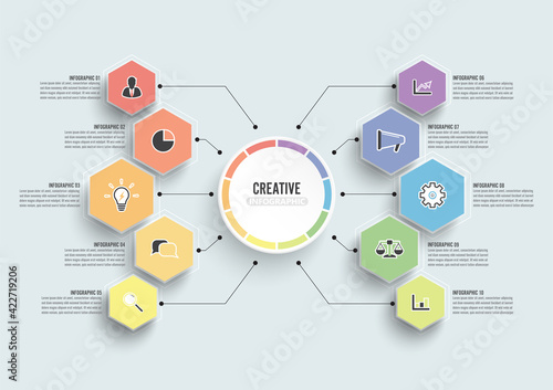 Vector infographic template with 3D paper label, integrated circles. Business concept with 10 options. For content, diagram, flowchart, steps, parts, timeline infographics, workflow, chart.