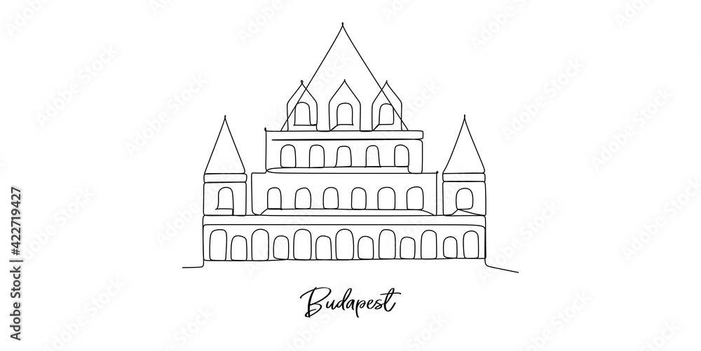 Budapest Vajdahunyad Castle viewed from its lakeside with two pretty young girls in a rowboat - continuous one line drawing 