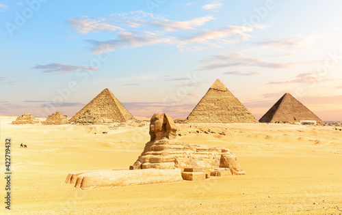 The Sphinx and the Piramids of Egypt, famous Wonder of the World, Giza