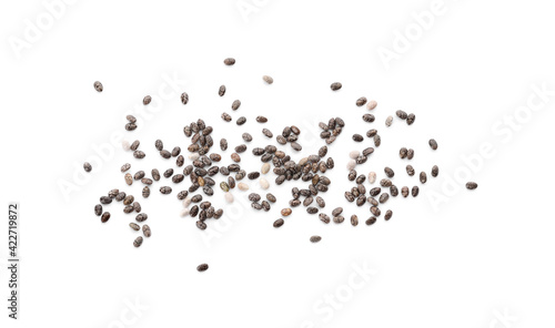 Chia seeds on white background, top view
