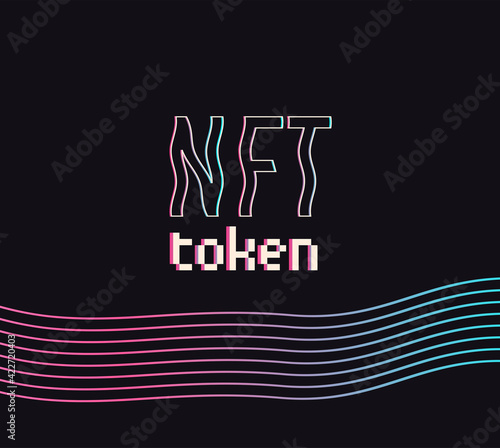 NFT non-fungible token. Vector futuristic cryptography wallpaper. Retro wave, synthwave, rave, vapor, cyber punk. Blue, black, pink purple color. Trendy vintage 80s, 90s style. Print, poster, banner