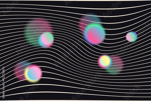 Distorted neon grid pattern and glowing spheres. Abstract background. Retro wave, synthwave, rave, vapor. Blue, black, pink purple colors. Trendy vintage 80s, 90s style. Print, poster, banner.