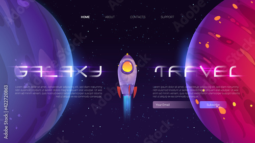 Galaxy travel banner with spaceship and planets