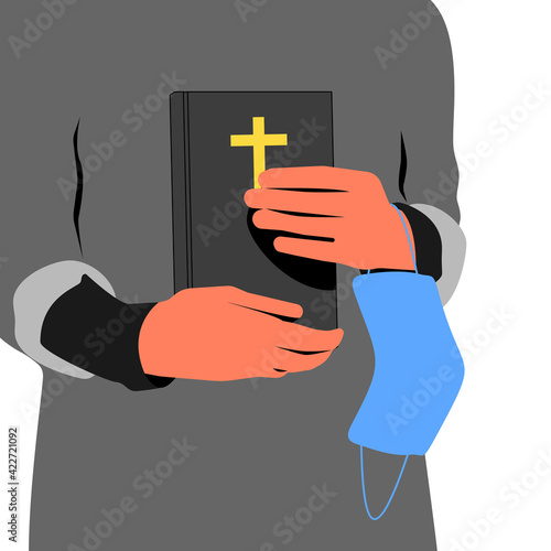 Person in gray robes is holding a holy bible book and blue disposable face mask. Isolated on white background. Flat style cartoon stock vector illustration.