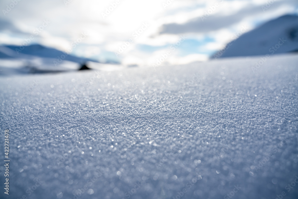 Close up images of snow on the ground in a winter wonderland. Shallow depth of field.
