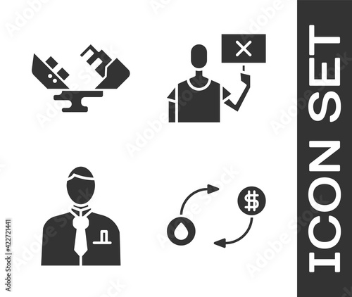 Set Oil exchange, Wrecked oil tanker ship, Businessman or stock market trader and Nature saving protest icon. Vector