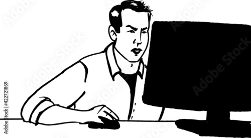 vector illustration of serious man working at the computer 