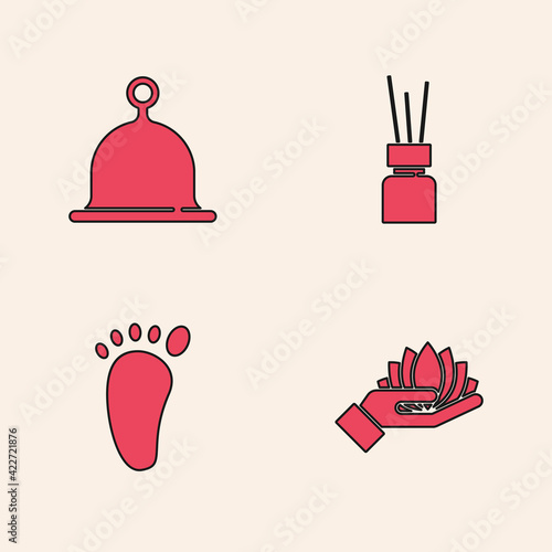 Set Lotus flower, Sauna hat, Aroma diffuser and Foot massage icon. Vector