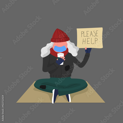Homeless elderly woman with gray hair and blue face mask sitting on cardboard, holding paper cup to collect donations and cardboard with text please help. Stock vector illustration.