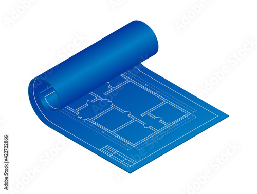 Isometric vector illustration blueprint floor plan the house isolated on white background. Realistic apartment floor plan blueprint icon in flat cartoon style. Vector unfurnished ground floor plan.