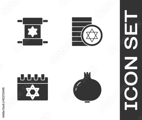 Set Pomegranate, Torah scroll, Jewish calendar and coin icon. Vector