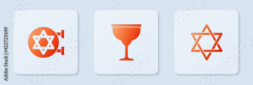 Set Jewish goblet, synagogue and Star of David. White square button. Vector
