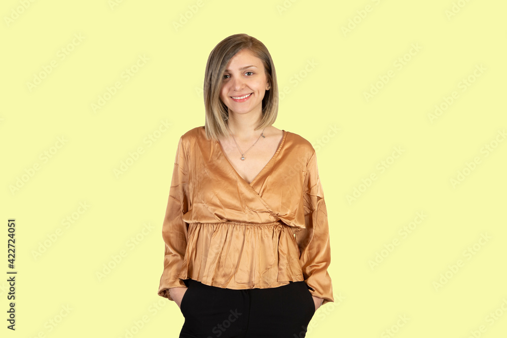 Beautiful woman, young lady, girl is surprised smiling and happy Beautiful woman, young lady, girl is surprised smiling and happy