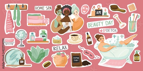 Set of elements of home spa, beauty, relaxation, beauty treatments isolated on the green. Stickers collection of girls in dressing gowns, masks, soap, cosmetics, shampoos. Cute vector illustration.