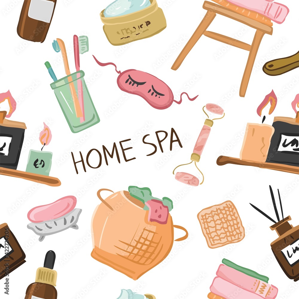Seamless pattern with symbols of home spa, morning beauty rituals. Background with candles, aroma diffuser, face roller, cream isolated on white. Wrapping paper, wallpaper. Cartoon vector illustration