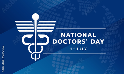 National doctor's day text and white modern Staff Of Hermes A Symbol Medicine on blue texture background vector design