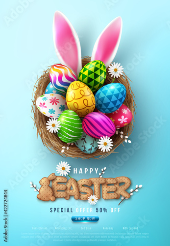 Easter Poster And Flyer Template with Easter eggs in the nest and Rabbit ears on bule background.Greetings and presents for Easter Day in flat lay styling.Promotion and shopping template for Easter