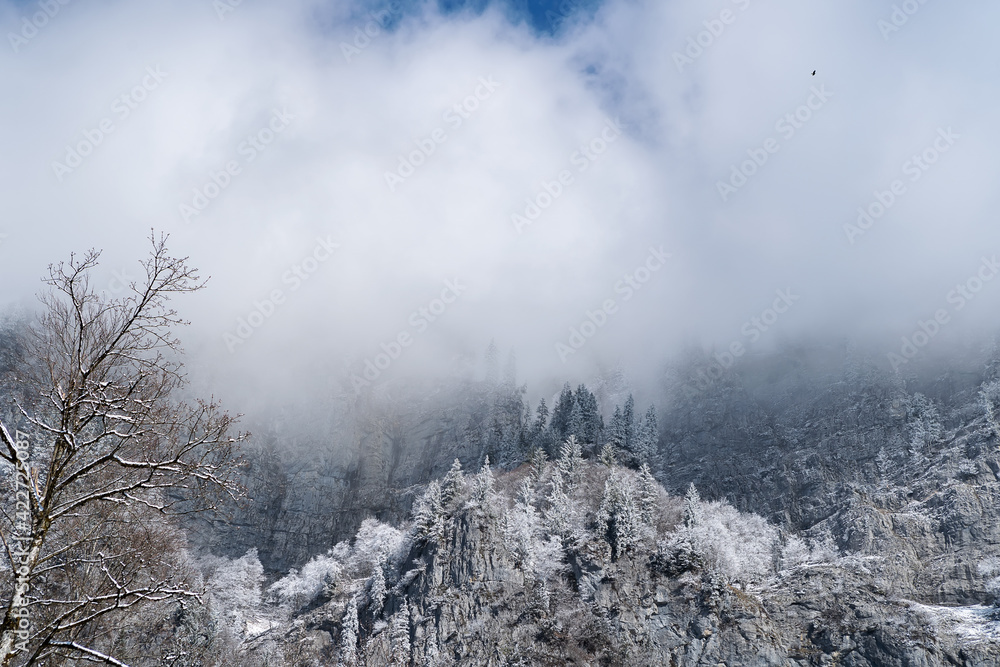 Panoramic view of beautiful mountain landscape in the Swiss Alps. Winter landscape. Switzerland, Europe