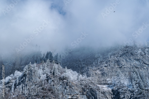 Panoramic view of beautiful mountain landscape in the Swiss Alps. Winter landscape. Switzerland, Europe