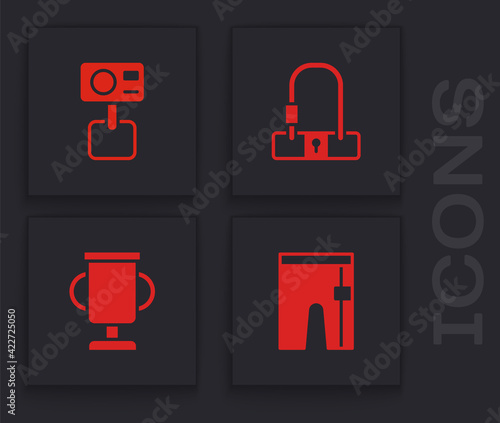 Set Cycling shorts, Action extreme camera, Bicycle lock and Award cup with bicycle icon. Vector