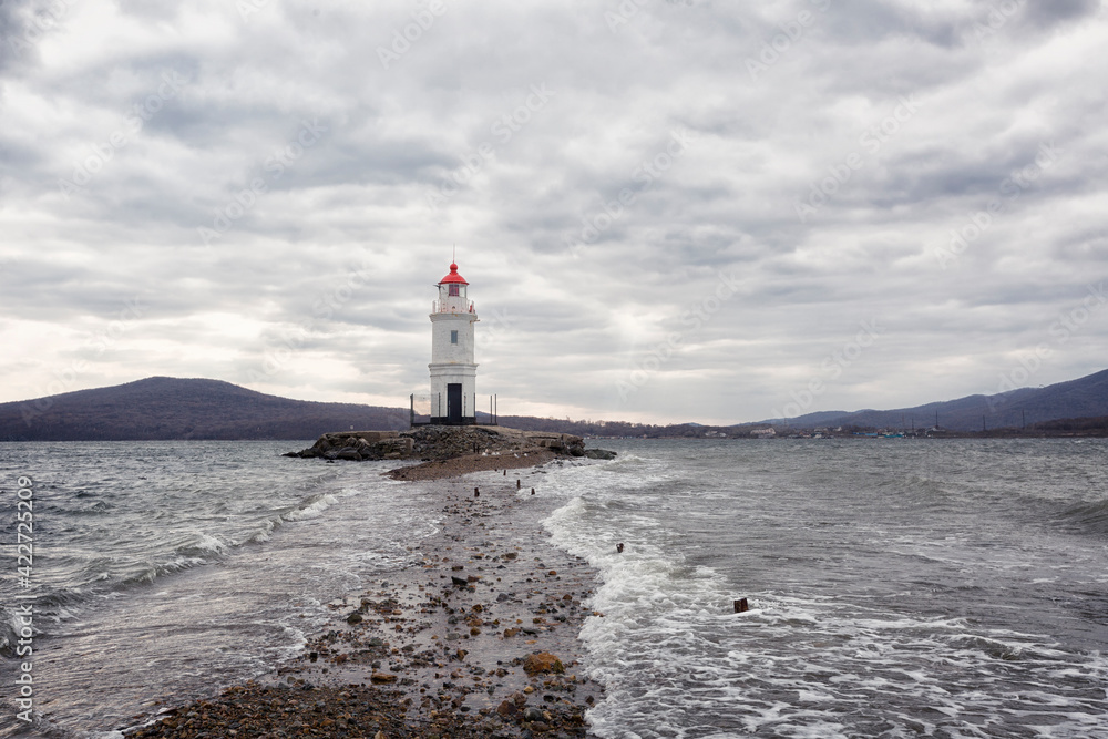 Lighthouse Tokarevskiy in autumn day in Vladivostok, Russia