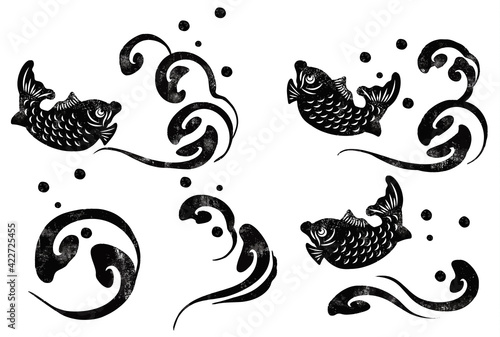 水墨画風の津波と鯛のベクターイラスト素材セット