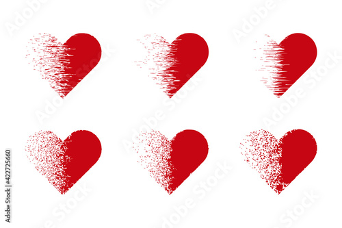 Set of heart with a dispersion effect. Red exploding hearts on white background
