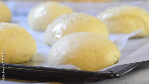 Making homemade brioche burger buns eggwash and seeding photo