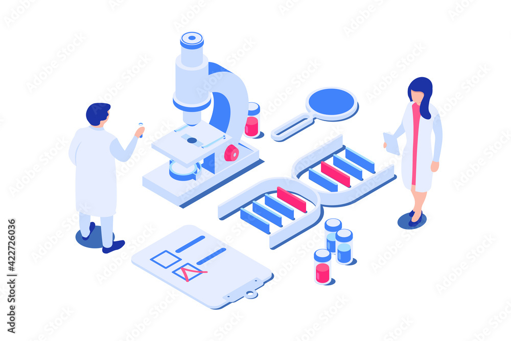 3d set of laboratory elements with doctors or scientists. Microscope, ampoules, magnifier, tablet, DNA. Vector illustration in modern isometric style. Isolated on white background 3d set of laboratory elements with doctors or scientists. Microscope, ampoules, magnifier, tablet, DNA. Vector illustration in modern isometric style. Isolated on white background