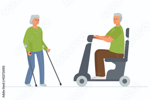 An elderly woman on crutches and a gray-haired disabled man in an electric wheelchair. Visiting relatives, meeting, walking, and socializing.