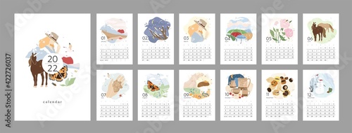 Wall vertical calendar for 2022, the week starts on Sunday. Template A4 calendar set of month with abstract girls, nature, landscapes, animals. Contemporary portraits posters. Vector illustration