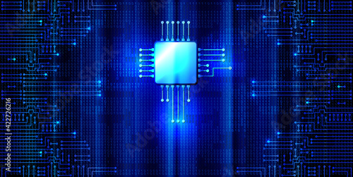 Modern electronic circuit and  binary code on blue glowing background. Digital nano technologies concept.