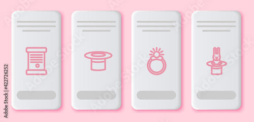 Set line Decree, paper, parchment, scroll, Magician hat, stone ring with gem and and rabbit. White rectangle button. Vector