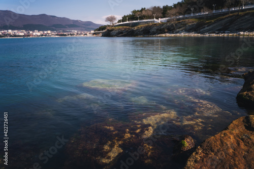 Embankment in Gelendzhik in sunny day, travel to Russia to the Black Sea coast