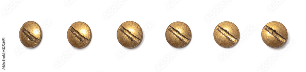 Brass round head screw from different perspectives on a white background - obrazy, fototapety, plakaty 