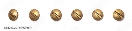 Brass round head screw from different perspectives on a white background